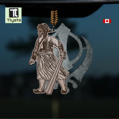 Baba Deep Singh Ji with Khanda Wooden Car Hanging
