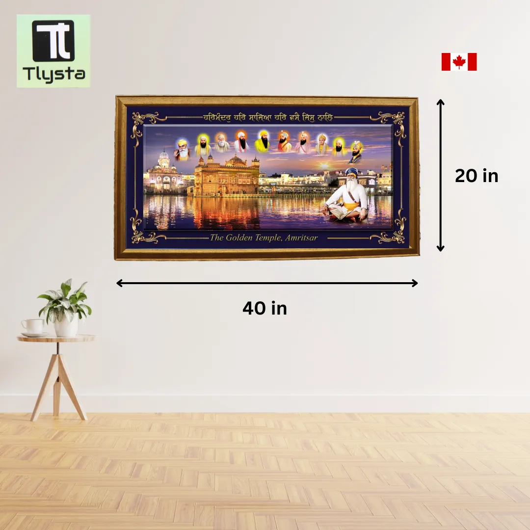 Ten Gurus with Golden Temple and Baba Deep Singh Ji Dark Blue Photo Frame Size 40×20