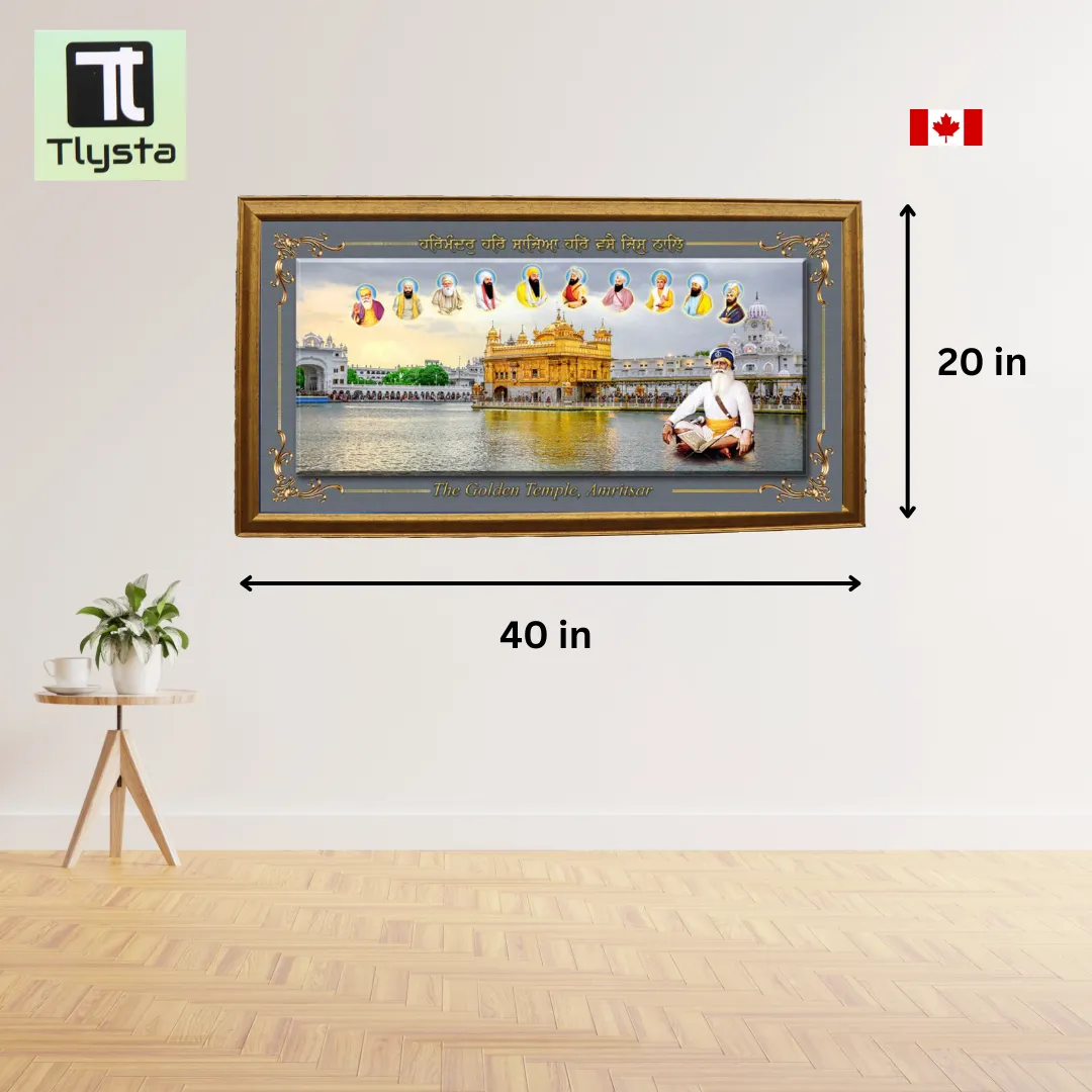 Ten Gurus with Golden Temple and Baba Deep Singh Ji Grey Photo Frame Size 40x20