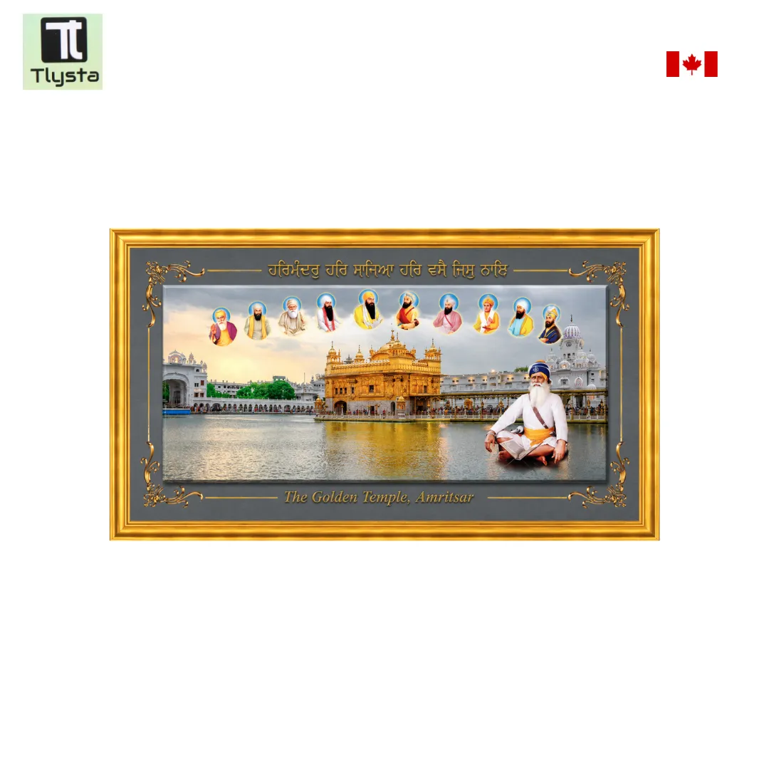 Golden Temple and Ten Gurus Grey Photo with Golden Frame Golden Temple and Ten Gurus Grey Photo - Image 1